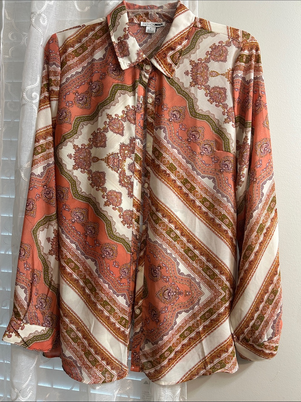 Fashion Nova Rust and Cream Paisley Button-Up Blouse